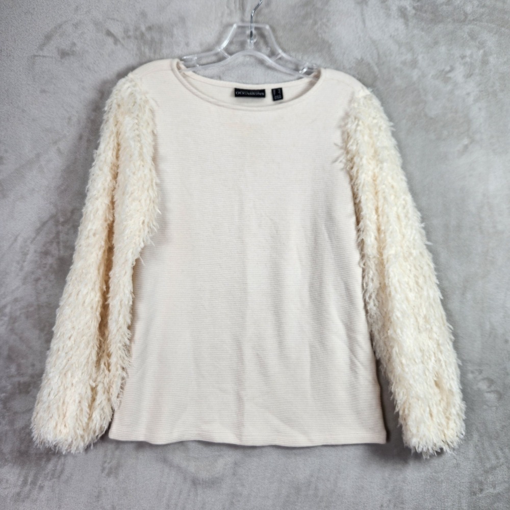 Susan Graver Shirt Womens XS Rich Ivory Rib Knit Top Embellished Sleeves A706716